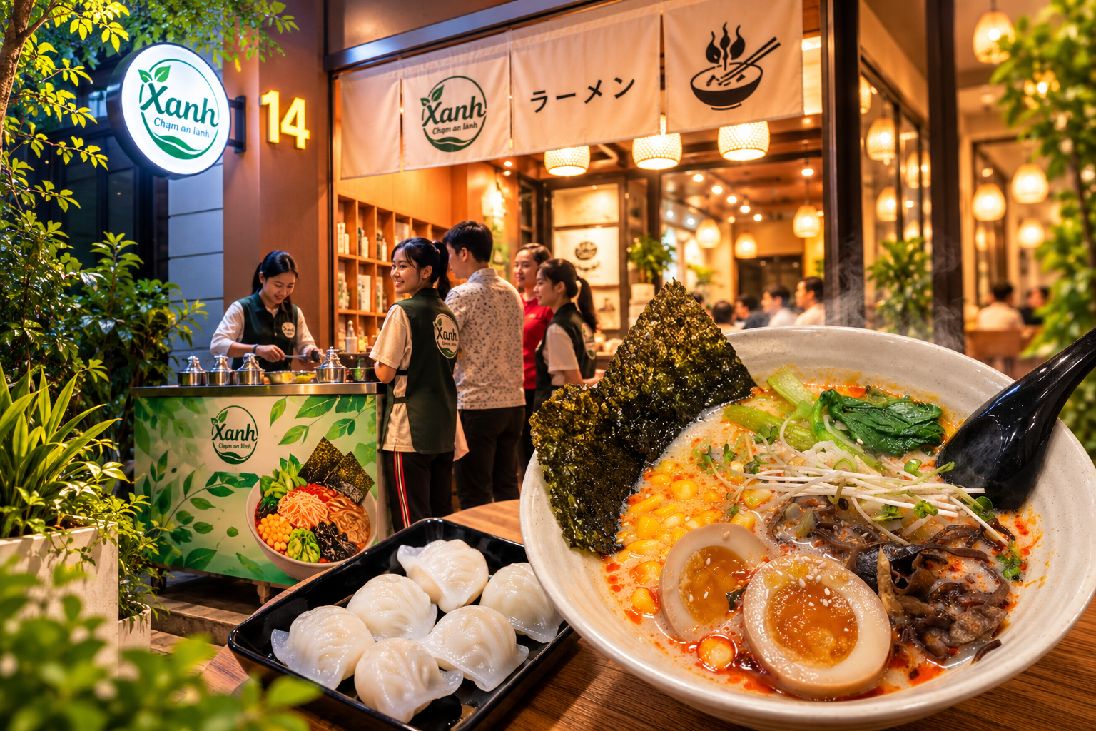 Không gian quán XANH ấm cúng buổi tối với bát mì Ramen nóng hổi